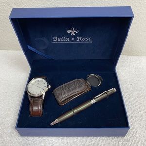 Bella & Rose Brown Stainless Steel Watch Pen Keychain Set Classic Contemporary